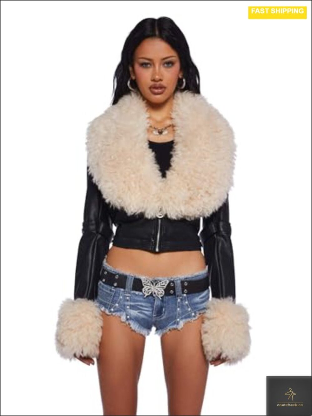 Cropped Vegan Leather Moto Jacket with Faux Fur Trim Fitted